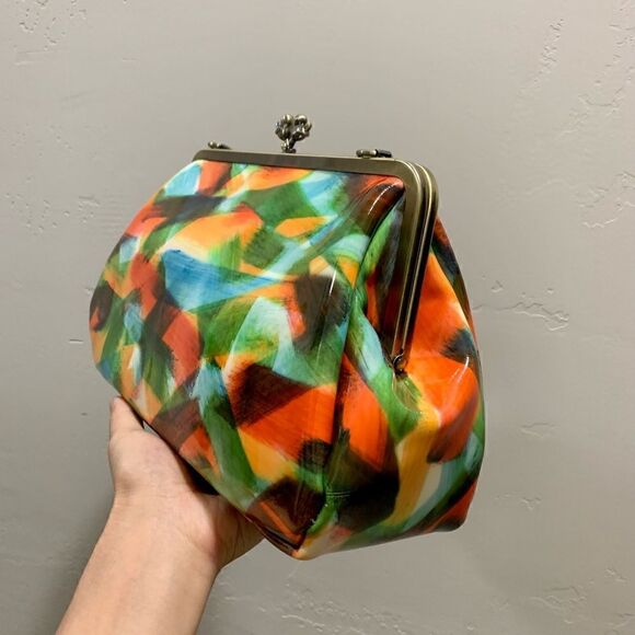 Handmade Genuine Leather Abstract Print “Birds” Kisslock Wristlet/Crossbody - Picture 13 of 17